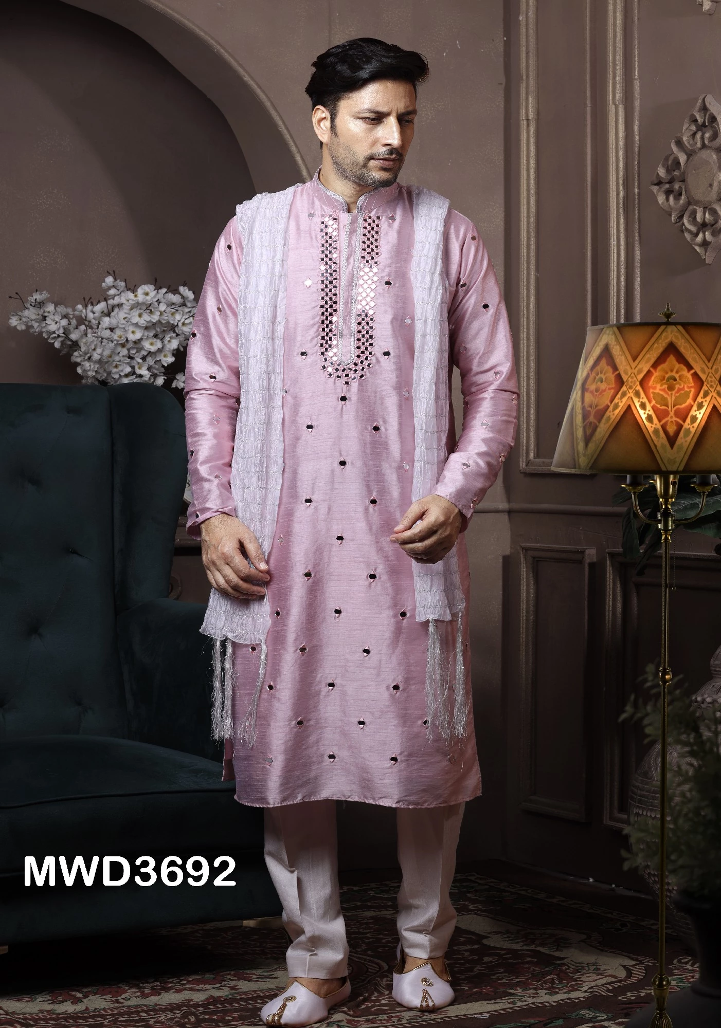 Readymade Pink Mirror Embroidered Kurta Pajama, 36-1.webp